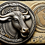 A highly detailed, professional close-up of an ancient Yemeni Sabaean silver coin, showcasing intricate engravings of a bull's head and moon deities, with clear, ancient South Arabian script. The coin rests on a textured historical parchment, softly illuminated by natural light, creating a museum-quality display. The focus is on the artistic craftsmanship and symbolic richness. High resolution, sharp focus, professional photography, perfect anatomy, correct proportions, natural pose, well-formed hands, proper finger count, natural body proportions, fully clothed, modest clothing, appropriate attire, professional dress, safe for work, appropriate content, professional, family-friendly.