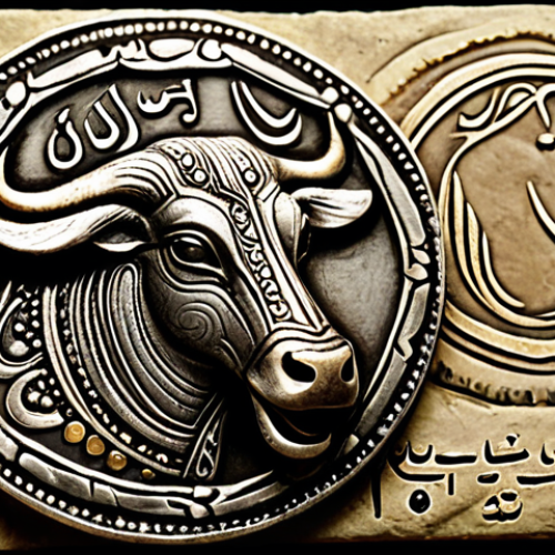 A highly detailed, professional close-up of an ancient Yemeni Sabaean silver coin, showcasing intricate engravings of a bull's head and moon deities, with clear, ancient South Arabian script. The coin rests on a textured historical parchment, softly illuminated by natural light, creating a museum-quality display. The focus is on the artistic craftsmanship and symbolic richness. High resolution, sharp focus, professional photography, perfect anatomy, correct proportions, natural pose, well-formed hands, proper finger count, natural body proportions, fully clothed, modest clothing, appropriate attire, professional dress, safe for work, appropriate content, professional, family-friendly.