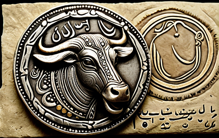 A highly detailed, professional close-up of an ancient Yemeni Sabaean silver coin, showcasing intricate engravings of a bull's head and moon deities, with clear, ancient South Arabian script. The coin rests on a textured historical parchment, softly illuminated by natural light, creating a museum-quality display. The focus is on the artistic craftsmanship and symbolic richness. High resolution, sharp focus, professional photography, perfect anatomy, correct proportions, natural pose, well-formed hands, proper finger count, natural body proportions, fully clothed, modest clothing, appropriate attire, professional dress, safe for work, appropriate content, professional, family-friendly.