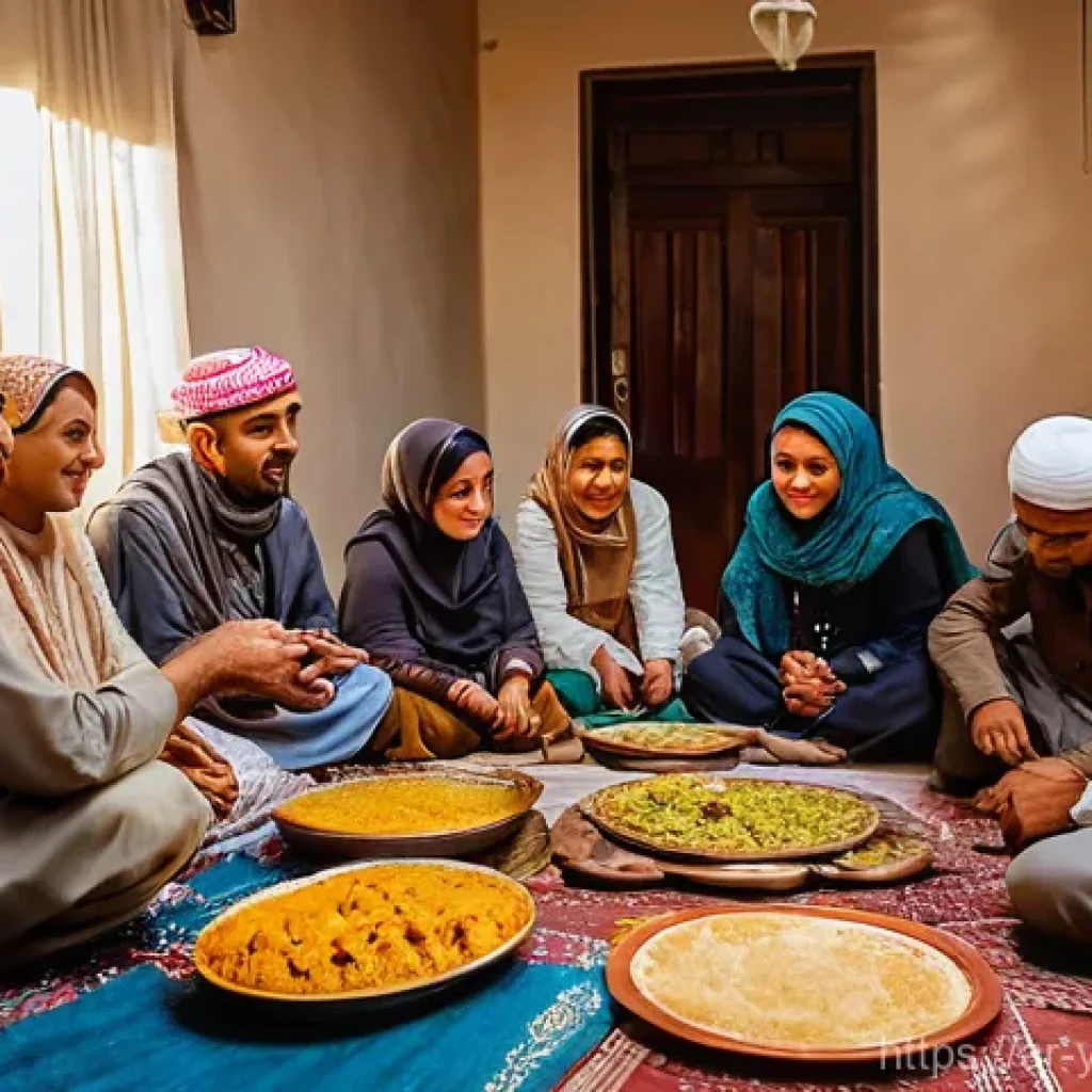예멘 종교와 라마단 문화 - **A heartwarming scene of a Yemeni family enjoying Iftar together during Ramadan.** The image should...