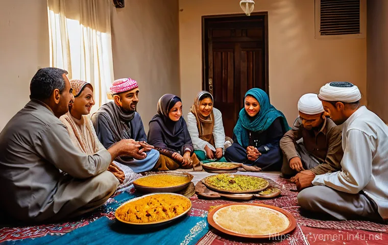 예멘 종교와 라마단 문화 - **A heartwarming scene of a Yemeni family enjoying Iftar together during Ramadan.** The image should...