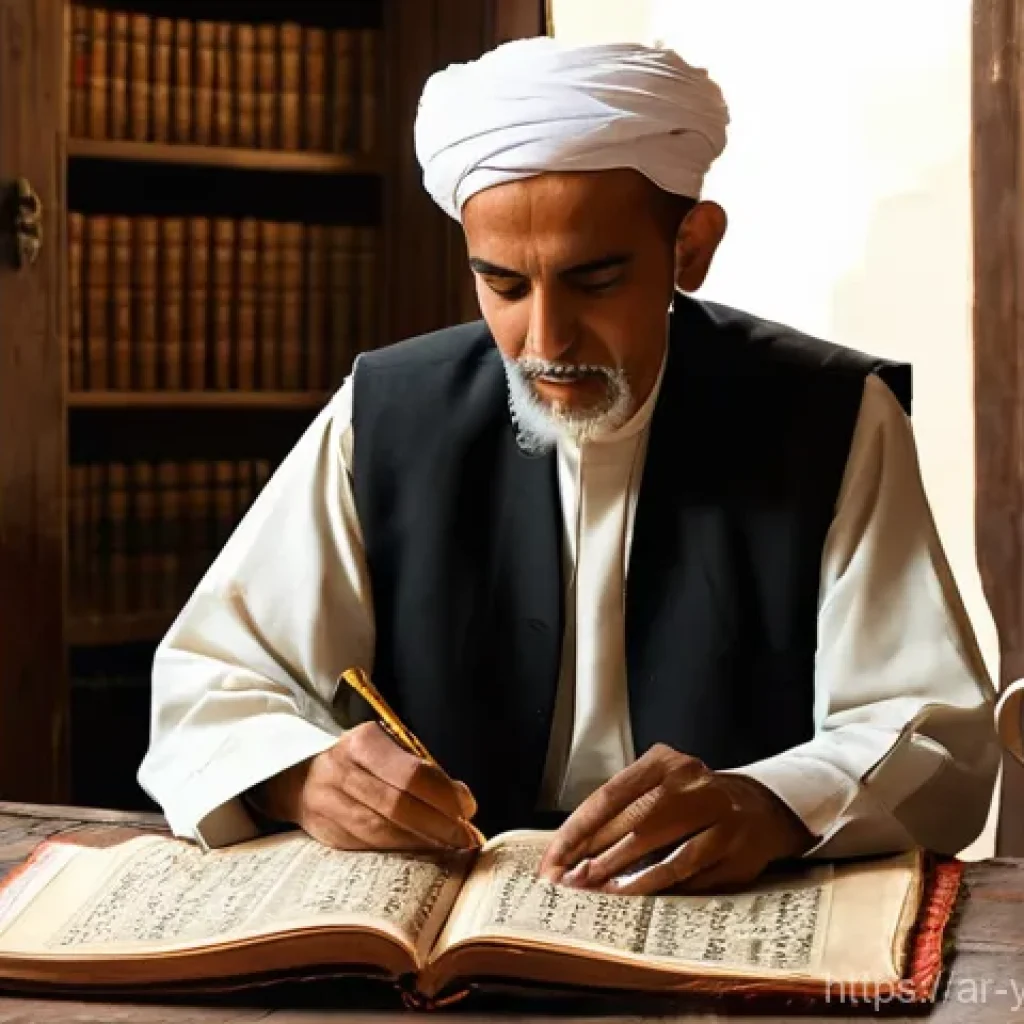 예멘 출신 유명 작가나 시인 - **Prompt:** A serene and ancient Yemeni study, bathed in the soft glow of natural light filtering th...