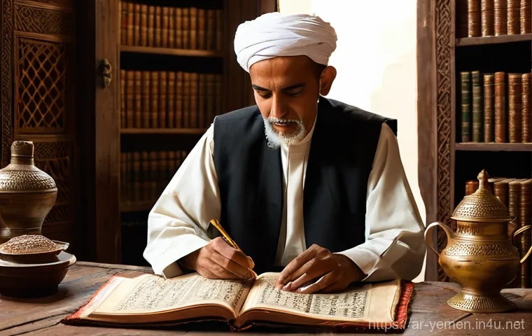 예멘 출신 유명 작가나 시인 - **Prompt:** A serene and ancient Yemeni study, bathed in the soft glow of natural light filtering th...