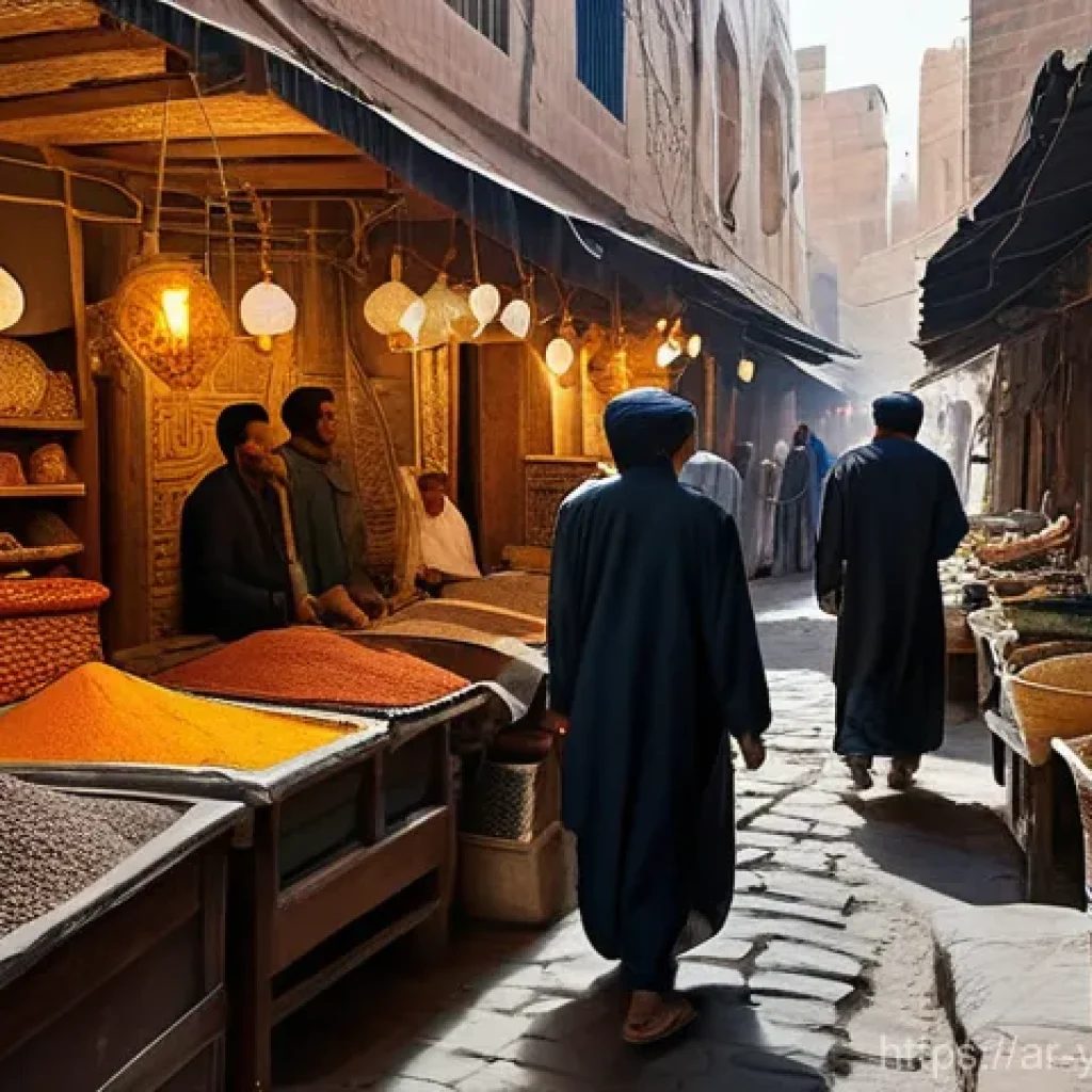 예멘 전통 시장 수크  체험 - **"A bustling traditional Yemeni market in Old Sana'a. The air is thick with the rich aromas of fran...