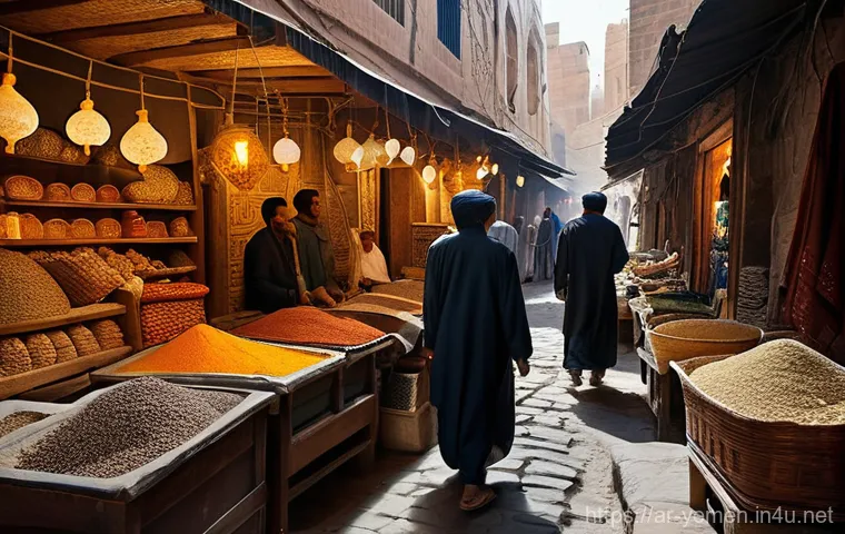 예멘 전통 시장 수크  체험 - **"A bustling traditional Yemeni market in Old Sana'a. The air is thick with the rich aromas of fran...