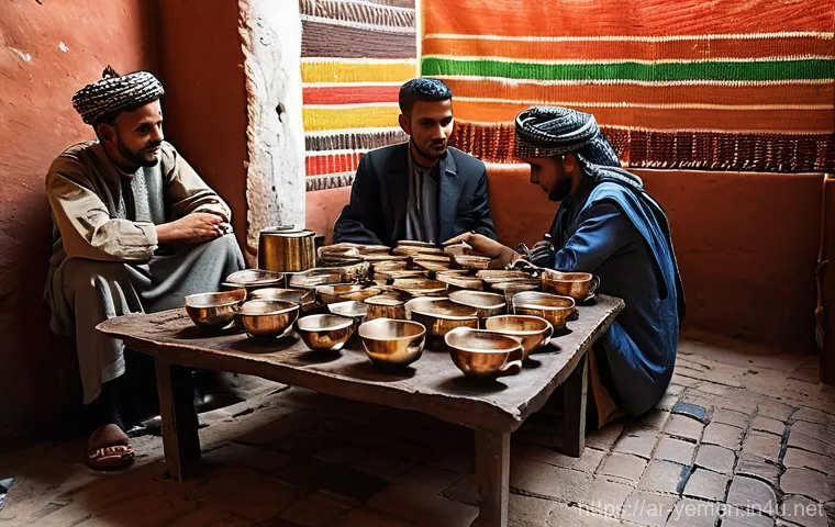 예멘 전통 시장 수크  체험 - **"A bustling traditional Yemeni market in Old Sana'a. The air is thick with the rich aromas of fran...
