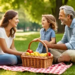 예멘 석유 자원 분쟁 - A joyful family picnic in a sun-drenched park. A mother and father, both fully clothed in casual, co...