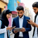 예멘 주요 소셜 미디어 인플루언서 - A group of diverse young Yemeni men and women, all fully clothed in modest contemporary attire refle...