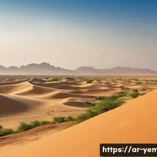 예멘 오만 국경 지역 특성 - A panoramic desert landscape at golden hour in the Yemen-Oman border region, featuring vast rolling ...