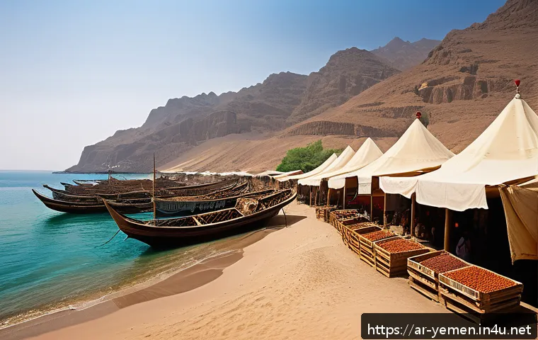 예멘 홍해 해상 교역 역사 - A vibrant historical scene depicting the ancient Yemeni port of Mocha bustling with maritime trade d...
