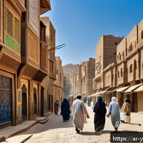 예멘 현대 건축과 도시화 문제 - A detailed street scene in Old Sana'a, Yemen, showcasing traditional multi-story mud-brick buildings...