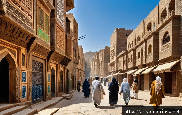 예멘 현대 건축과 도시화 문제 - A detailed street scene in Old Sana'a, Yemen, showcasing traditional multi-story mud-brick buildings...