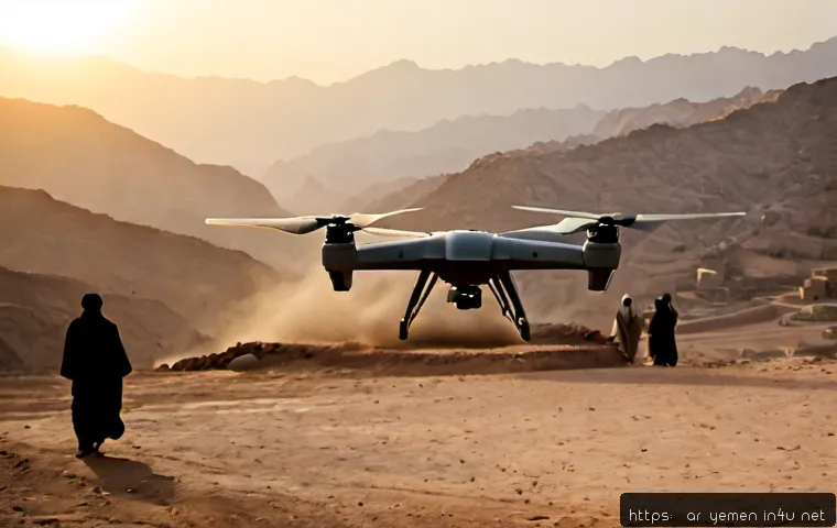 예멘 현대 전쟁 무기 사용 - Photorealistic editorial-style scene of a modern military drone flying above a mountainous Yemeni de...