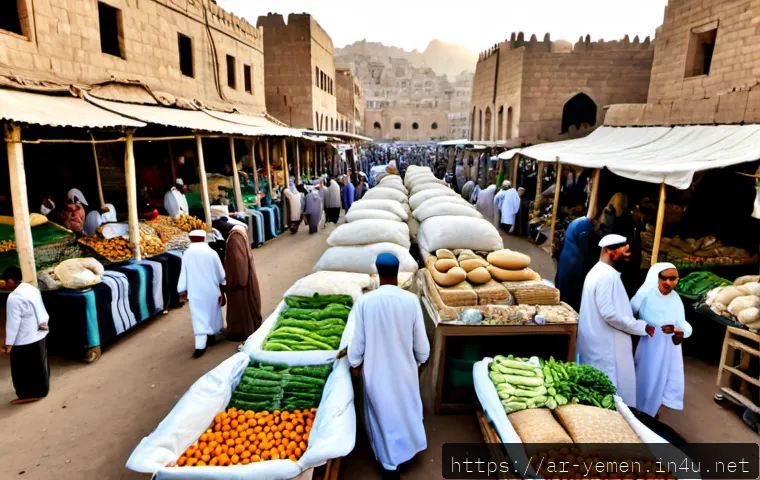 예멘 인구와 경제 성장률 - Photorealistic wide-angle view of a busy Yemeni open-air market in Sana’a, diverse Arab families and...